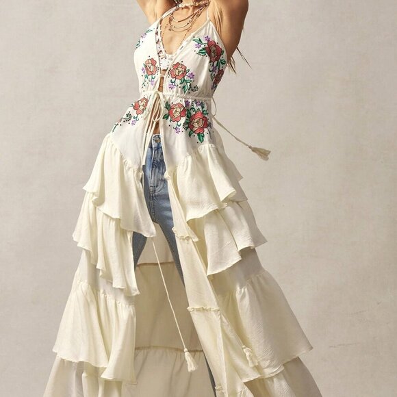 Boho Women's floral Embroidery Pattern Ruffle Trim Backless maxi cami top - Picture 1 of 8